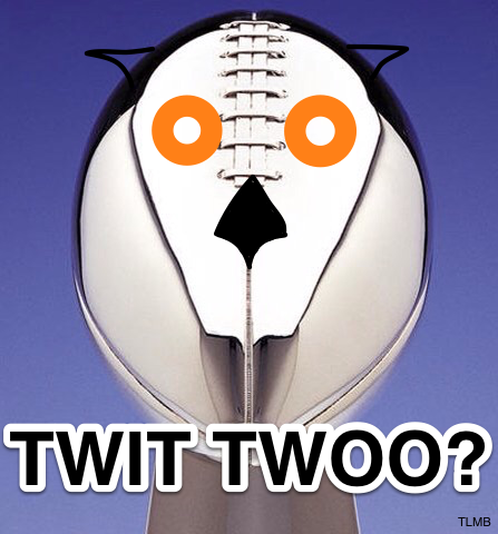 Ears, eyes and a beak photoshopped onto the American football trophy, to turn it into a Superb Owl.