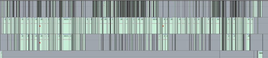 An audio application's timeline, showing a very large number of edits.