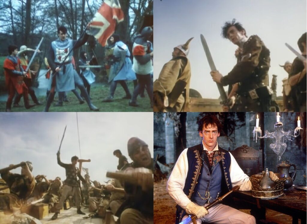 Collage of 4 pictures of Edward Tudor-Pole in various active poses.