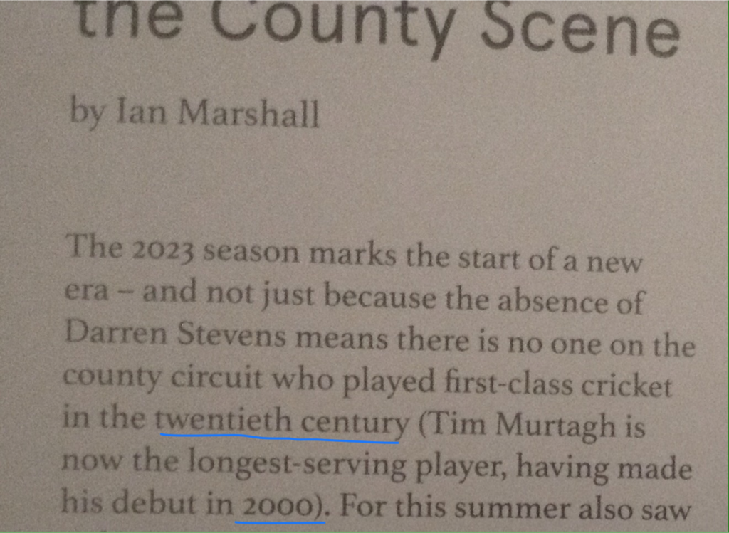 Extract from County Cricket Matters issue 15, incorrectly assuming the year 2000 is not in the 20th century. (There was no year 0.)